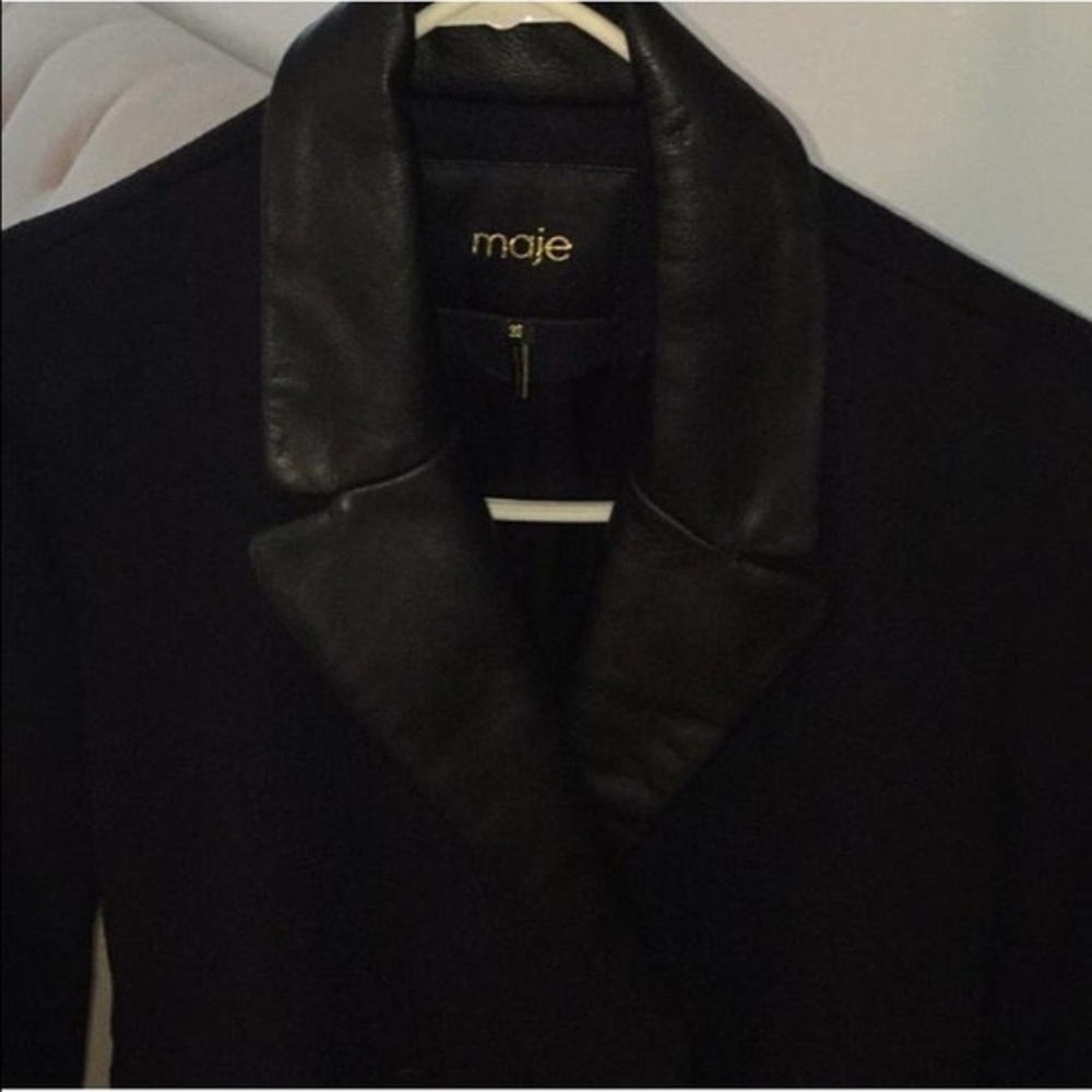 Maje Wool and Leather Peacoat, Black size 36 - Picture 2 of 4